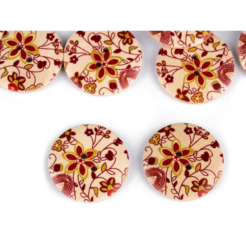 Nasture lemn pictat cu floricele roşii, 25mm - set 3 buc | Lichidare stoc | Kreativshop.ro