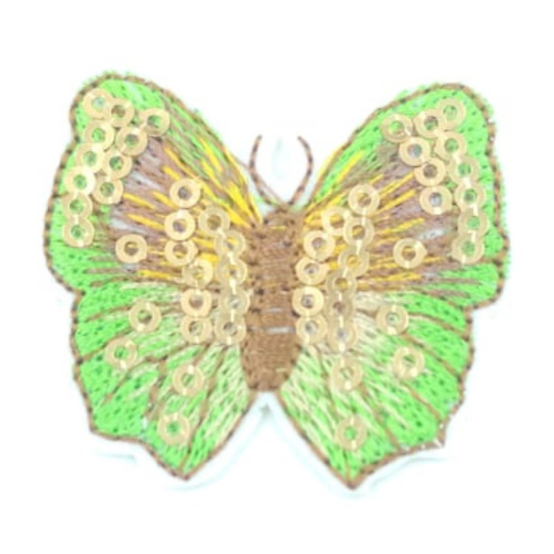 Aplicație termoadezivă brodată cu paiete, fluture, verde deschis 40x45mm, 1buc | Petice | Kreativshop.ro